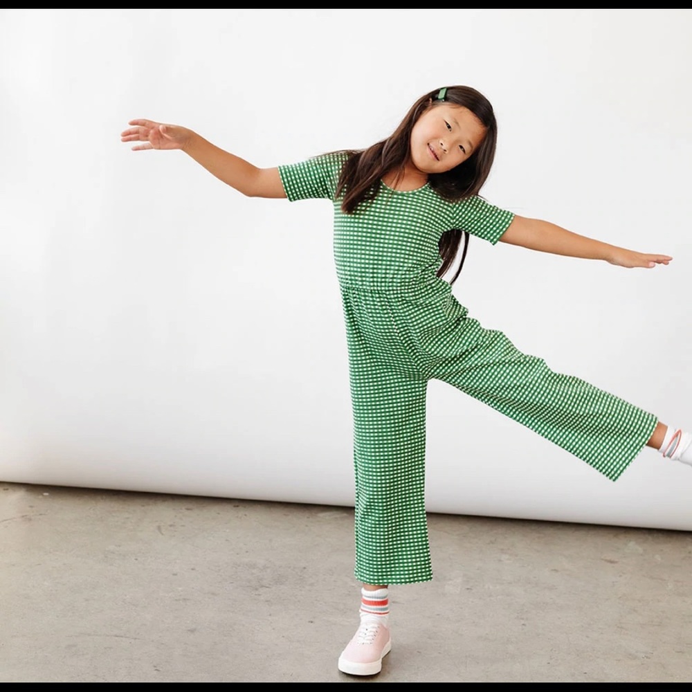 Alice & Ames short sleeve wide leg jumpsuit in green gingham